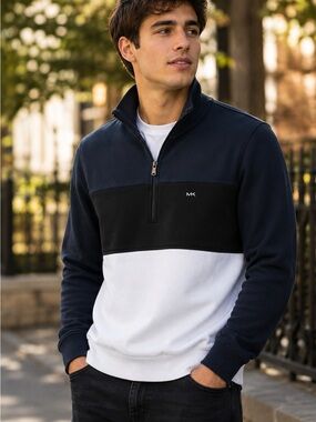 Michael Kors Men’s Colorblock Quarter Zip Pullover Sweatshirt Navy Black White M